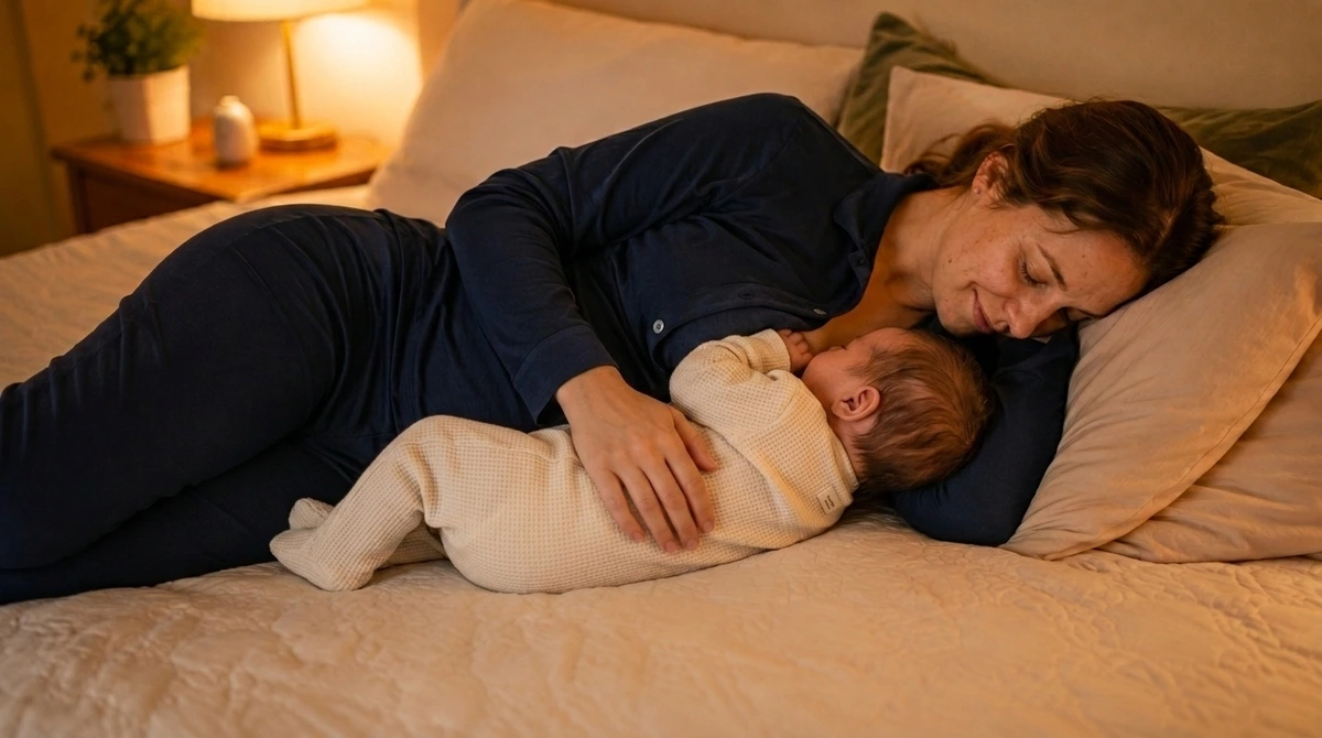 A mother and her baby lying side-by-side on a bed facing each other, demonstrating the side-lying breastfeeding position for comfortable night feedings.