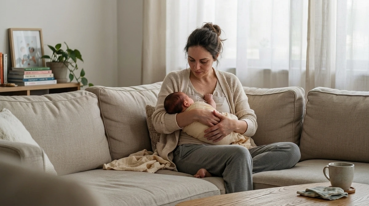 A mother sitting on a living room sofa, holding her swaddled newborn baby across her lap in the cross-cradle breastfeeding hold to support the baby's head for a deep latch.
