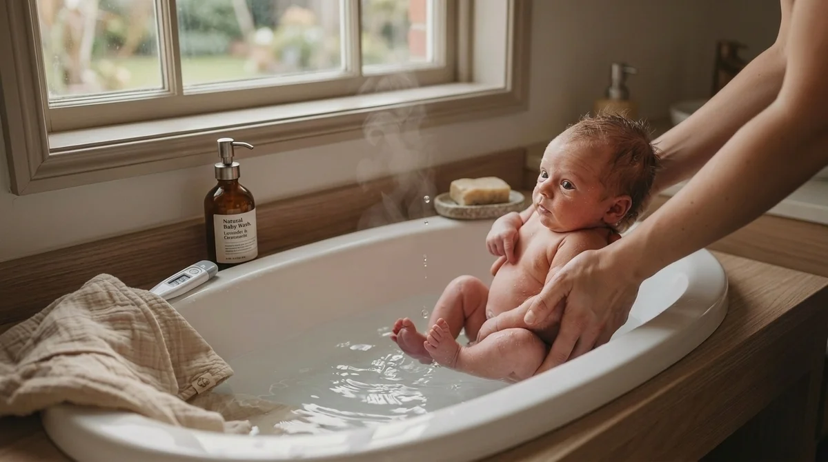 Parent safely lowering a newborn feet-first into a shallow tub bath, supporting the baby's head and neck along one forearm.