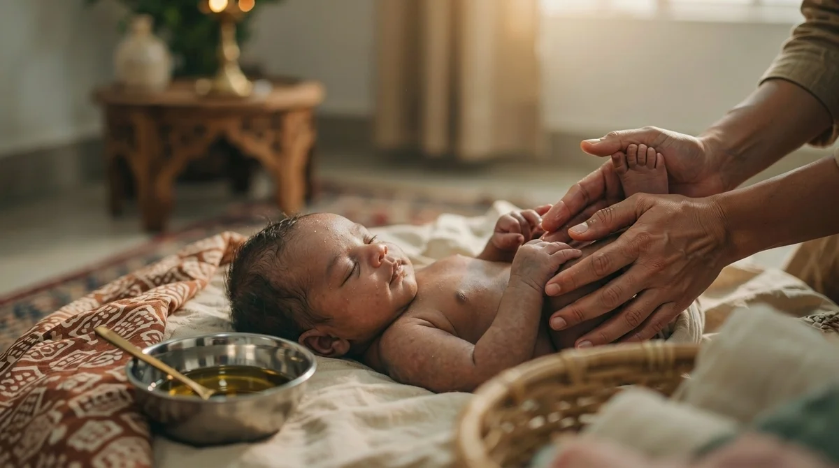 Parent gently massaging a newborn's legs with warm oil before a bath, the maalish ritual many families follow in newborn care.
