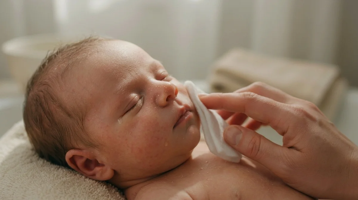 Close-up of a parent wiping a newborn's face with a damp washcloth during a sponge bath, the gentle no-soap step for the eyes.