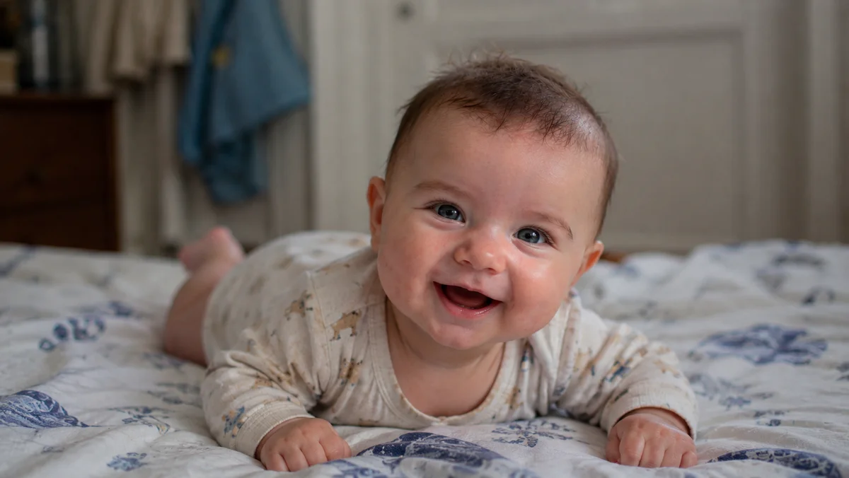 A smiling 2-month-old baby lifting their head during tummy time — an early motor milestone that often shows up alongside the first social smile.