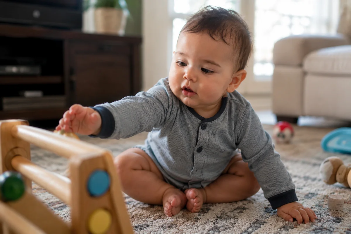 A 6-month-old baby sitting with support and reaching for a toy, two of the movement milestones most babies reach around the middle of the first year.