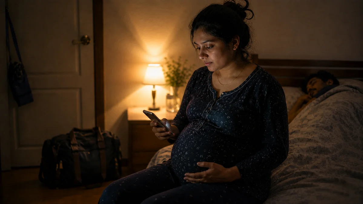 A pregnant woman at 38 weeks sitting on the edge of her bed at night, timing contractions on her phone — the moment most parents first weigh the real signs of labor.
