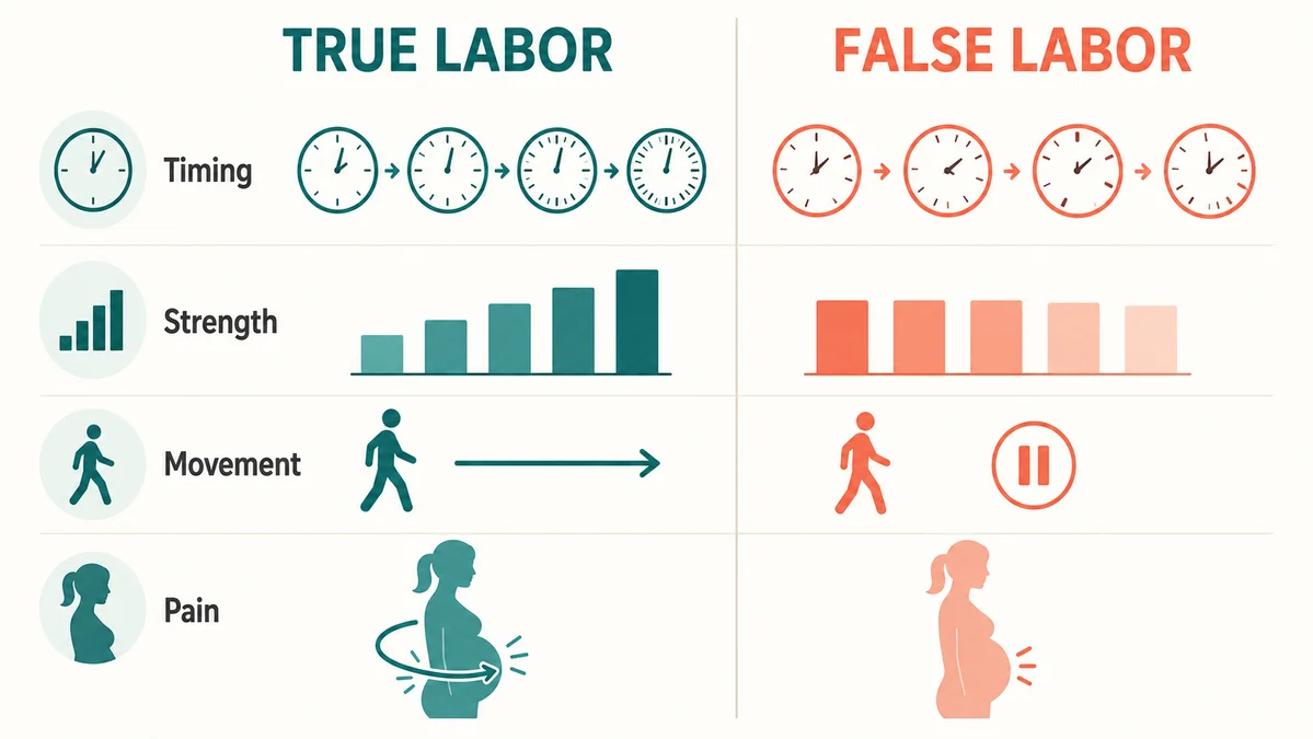 Side-by-side chart comparing true labor vs false labor signs — contraction timing, strength, response to rest and movement, and where the pain is felt.