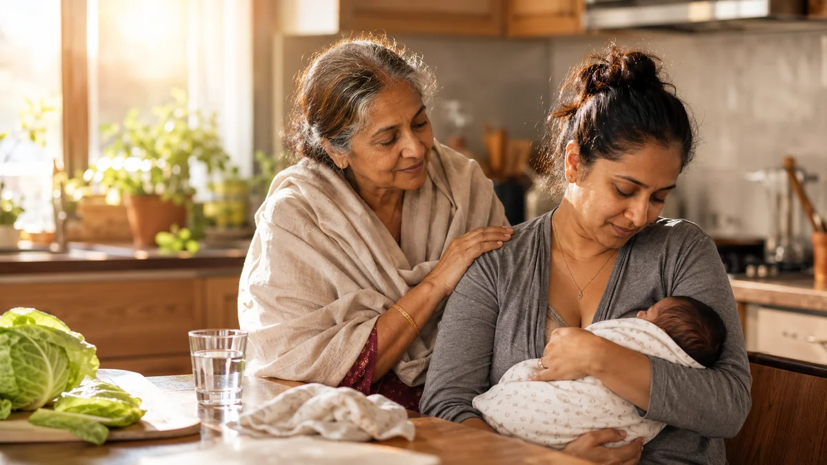 A South Asian grandmother comforting her daughter, a new breastfeeding mother holding her baby, with chilled cabbage leaves on the kitchen counter — traditional home remedies for mastitis reconsidered.