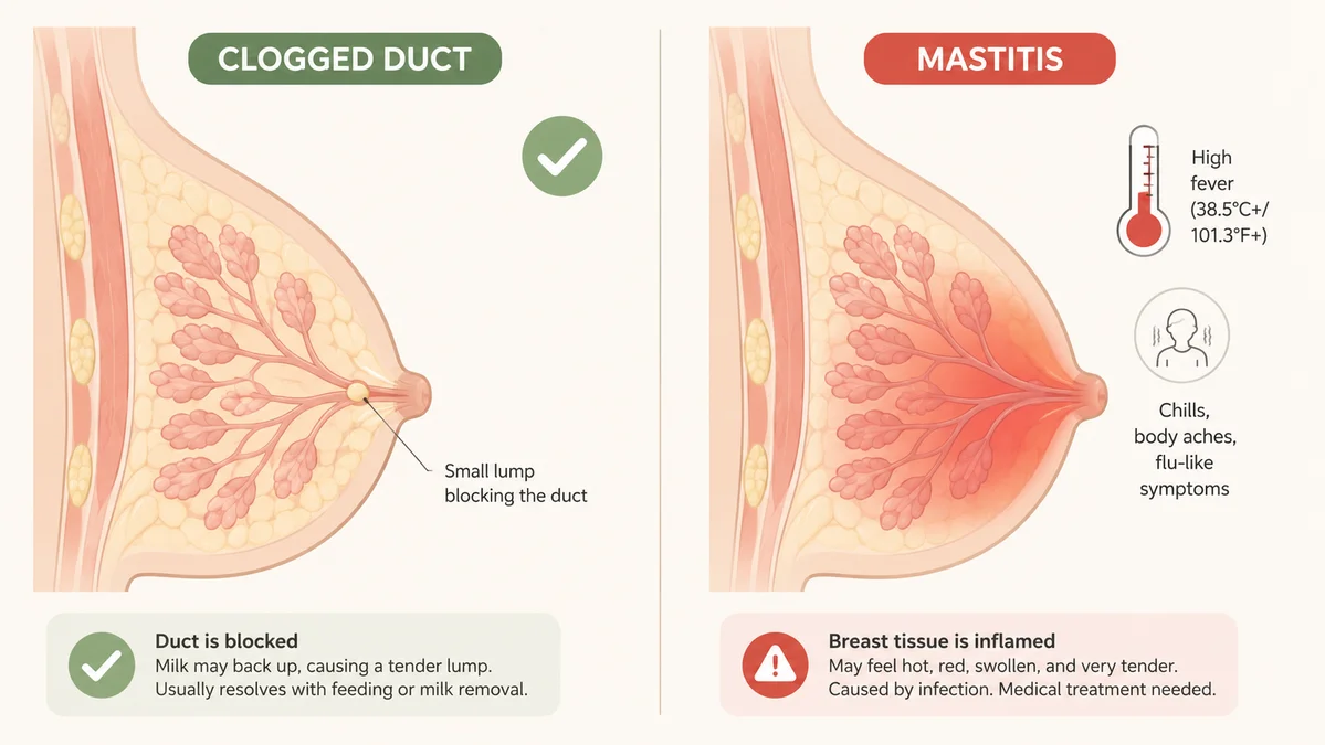 Clogged duct vs mastitis comparison chart showing a single localized clogged milk duct lump with normal skin beside mastitis pictured as a red, warm, wedge-shaped area with a fever.