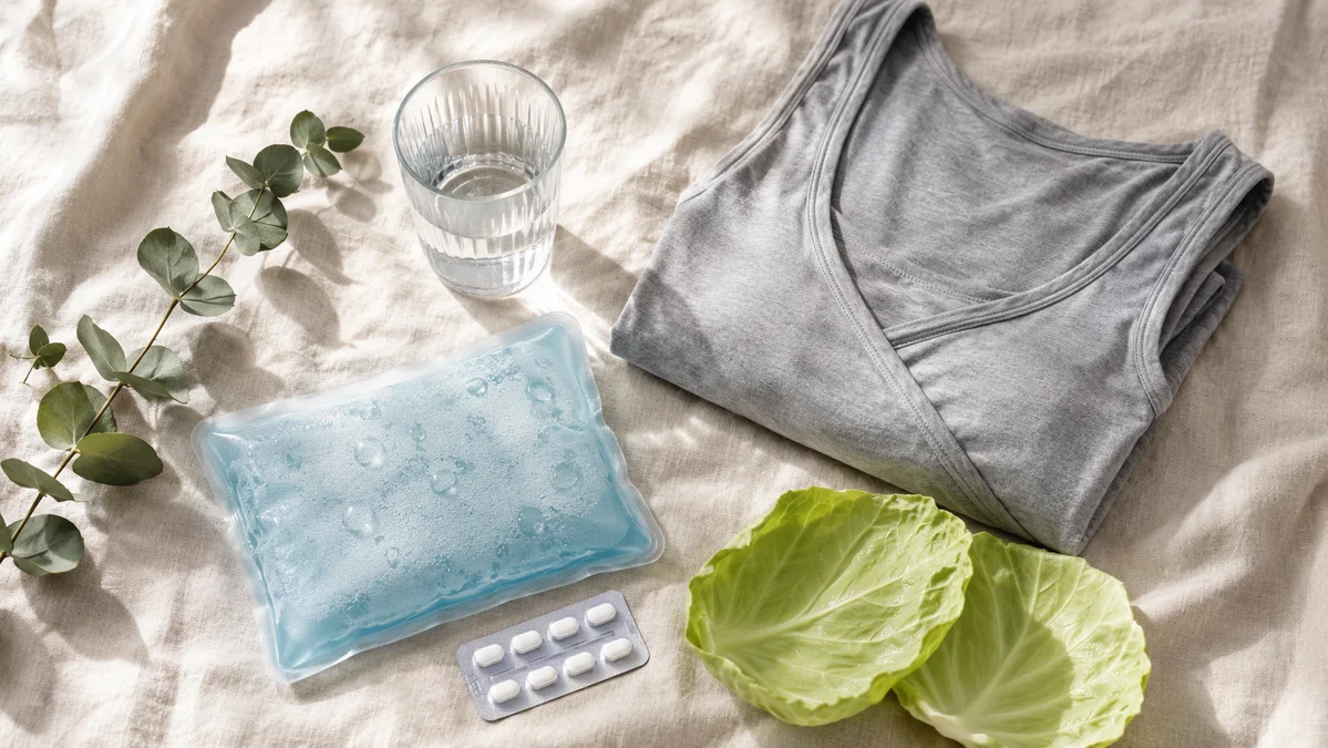 Updated mastitis home treatment kit in a soft-lit flat lay — a cold gel pack, ibuprofen, a glass of water, chilled cabbage leaves, and a nursing tank showing the ice-not-heat approach to clogged duct and mastitis relief.