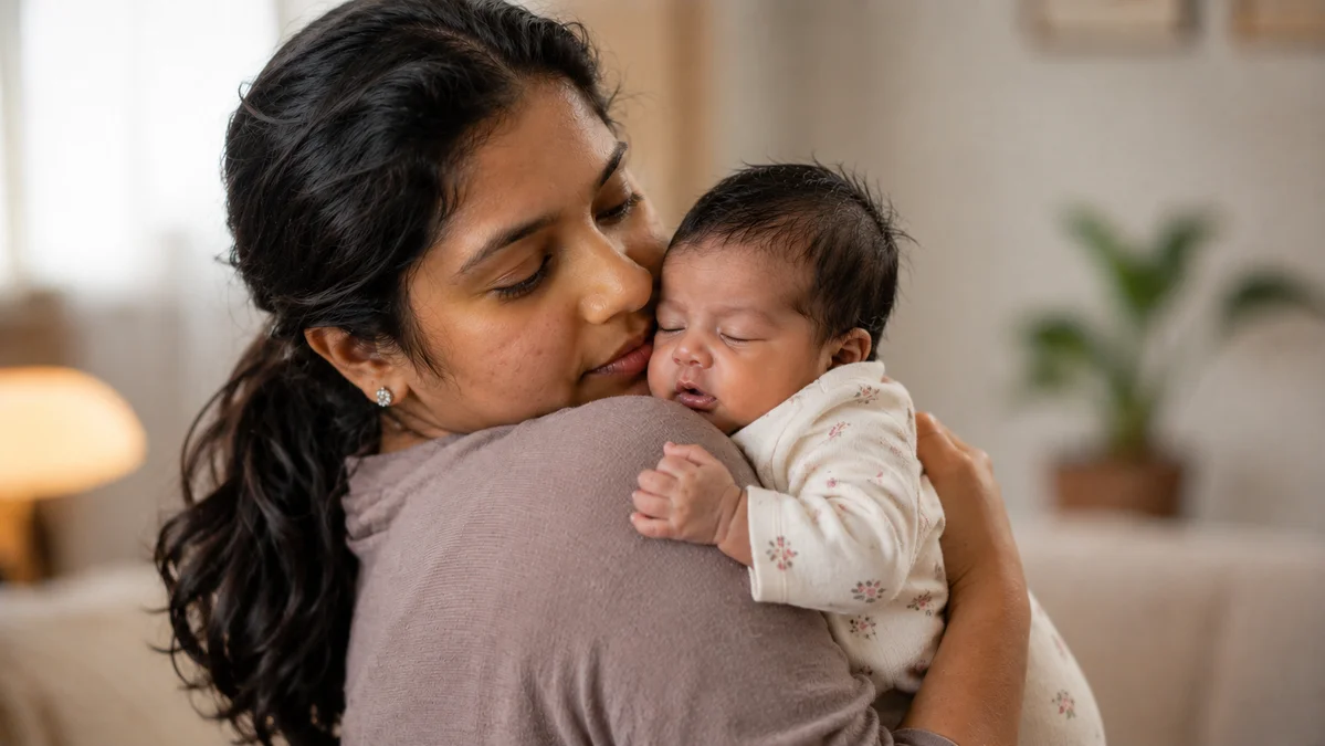 A mother gently holding her congested newborn close against her shoulder in a warm living room, comforting the baby through a stuffy nose while monitoring breathing.