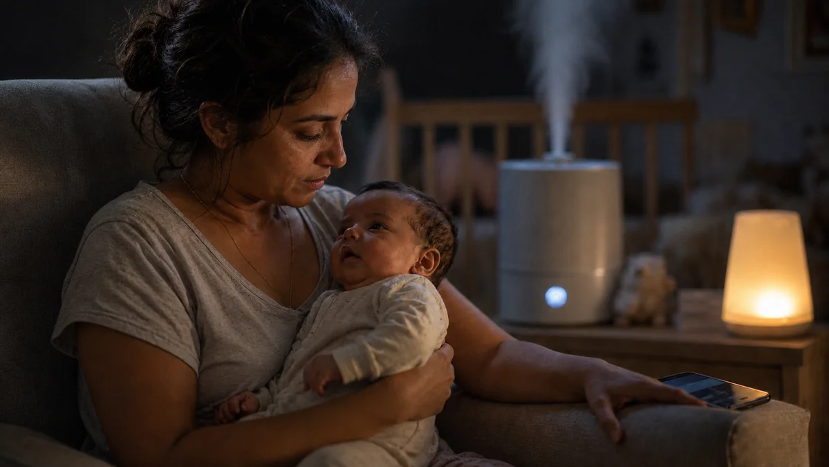 A parent holding their baby upright in a dim nursery at night beside a cool-mist humidifier, watching the sleeping baby's breathing and deciding whether to call the pediatrician.