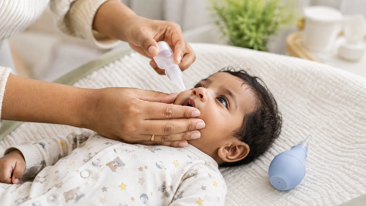 A parent gently placing saline drops into a calm baby's nose before using a soft bulb syringe, demonstrating the safe first-line way to relieve baby congestion at home.