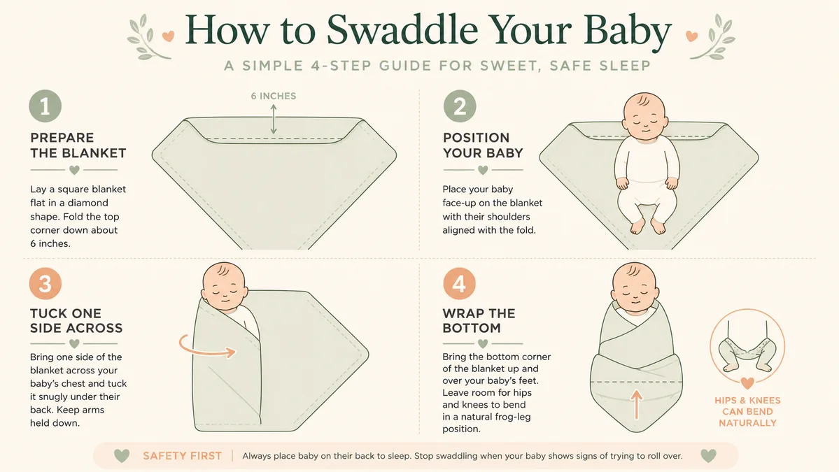 A detailed vector infographic showing how to swaddle a baby step by step. Illustrated steps display folding a diamond blanket, placing the newborn safely, securing the first arm with a snug torso wrap, leaving the bottom loose for hip health, and finishing the second arm wrap.