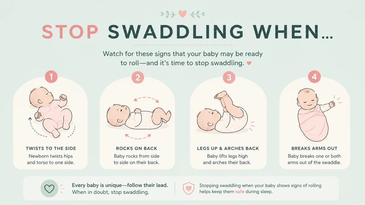 Safety infographic outlining when to stop swaddling a baby based on developmental milestones. Displays key physical signs of rolling over, including a newborn twisting at the hips, rocking to the side, arching their back, or breaking arms free from the wrap.