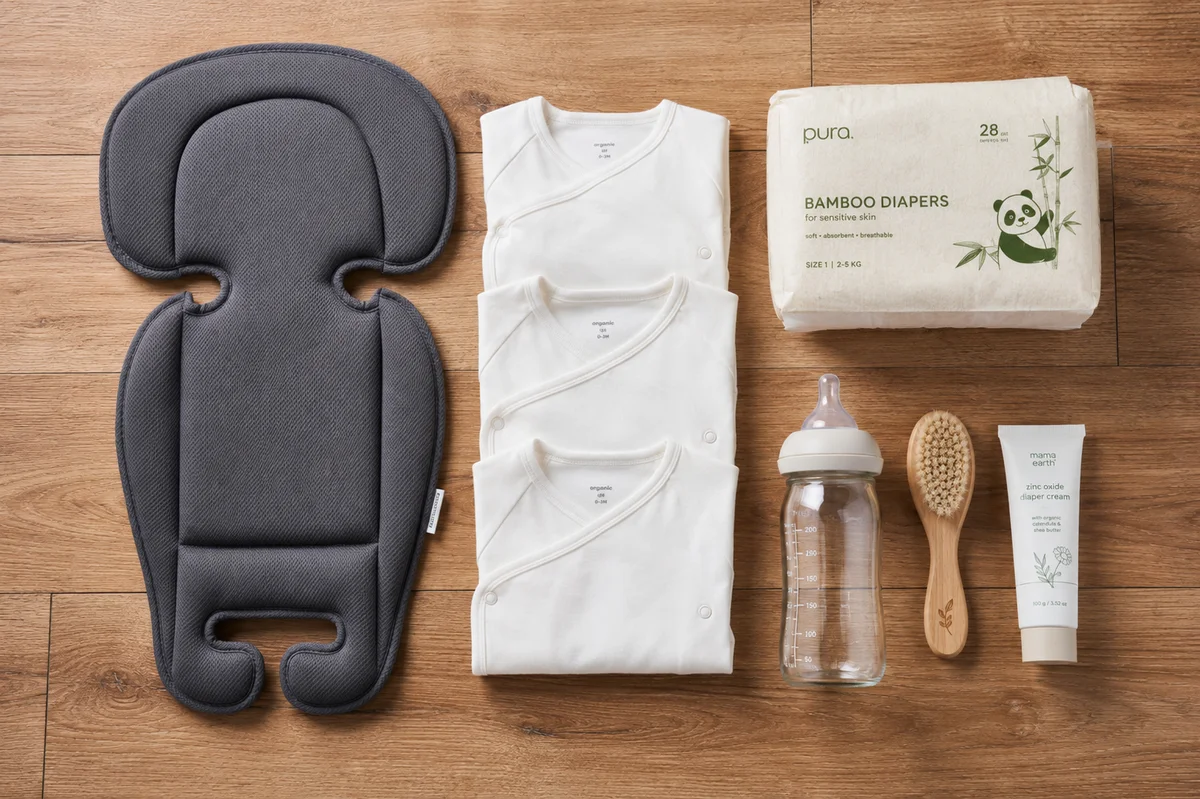 Flat-lay arrangement of essential newborn items for the first month: car seat insert, cotton onesies, diapers, glass bottle, baby brush.