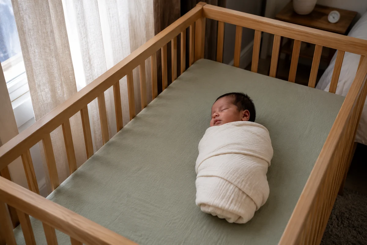 Clean, safe nursery sleep environment showing an empty wooden crib with a tight fitted sheet and a swaddled sleeping baby.