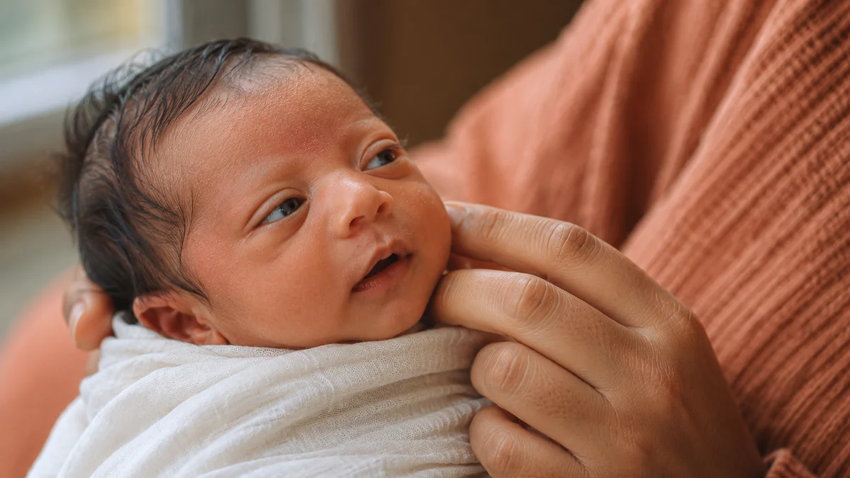 A parent gently checking a South Asian newborn's eyes under natural daylight to assess sclera yellowing and detect baby jaundice on dark skin.