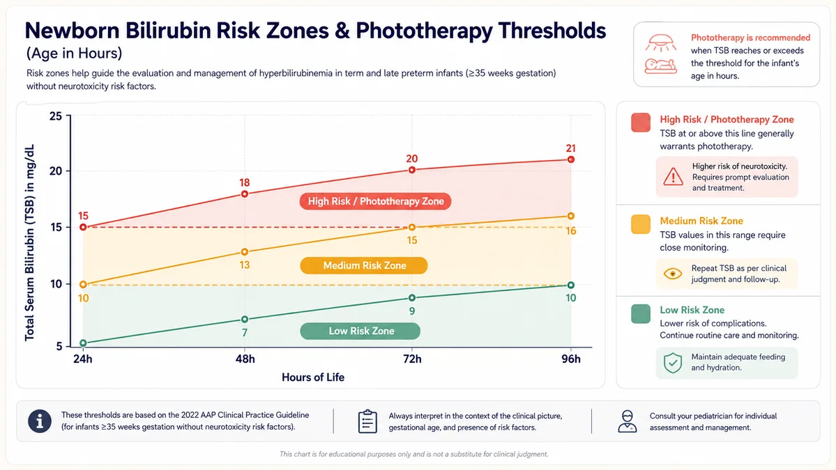A medical chart showing newborn bilirubin levels in mg per dL by age in hours to determine phototherapy treatment thresholds.