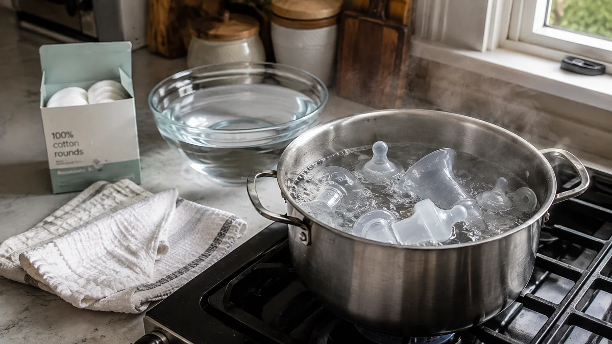 Silicone pacifiers, bottle nipples, and breast pump flanges being sanitized in a stainless steel pot of boiling water on a clean kitchen stove for thrush prevention.