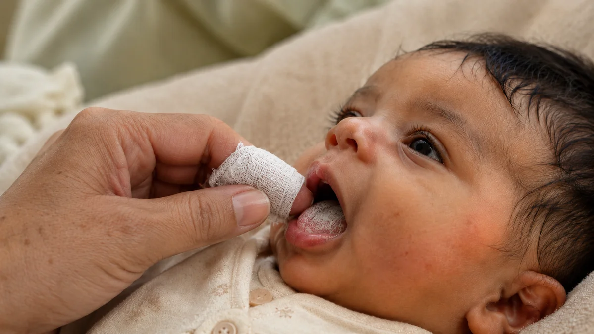 A mother's hand gently using a damp sterile gauze pad wrapped around her finger to perform the oral thrush wipe test on a newborn baby's tongue in a bright nursery setting.