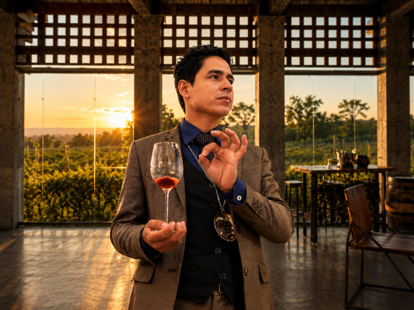 Sommelier catando una copa de vino en Finca Termópilas