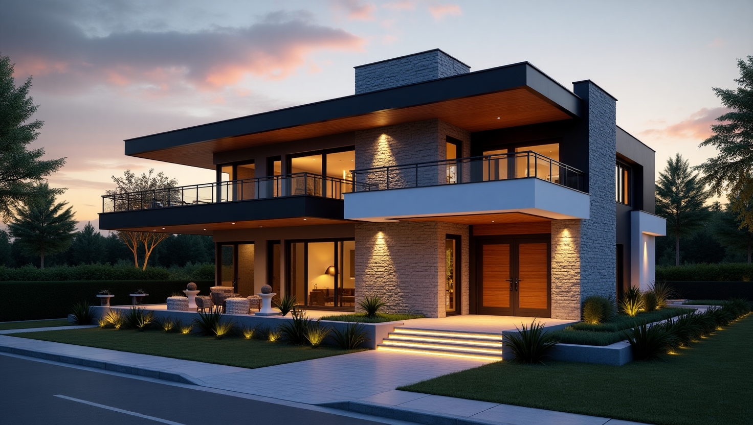 Contemporary two-storey house exterior, a project by a leading interior design company in India