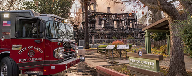 venue building damage with fire truck — Bidwell Mansion State Historic Park, from its own website