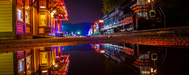 venue photograph - illuminated train and station — Train of Lights Niles Canyon Railway, from its own website