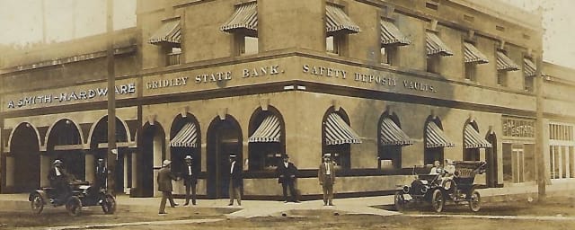 historic photograph of the Gridley State Bank building — Gridley Museum, from its own website