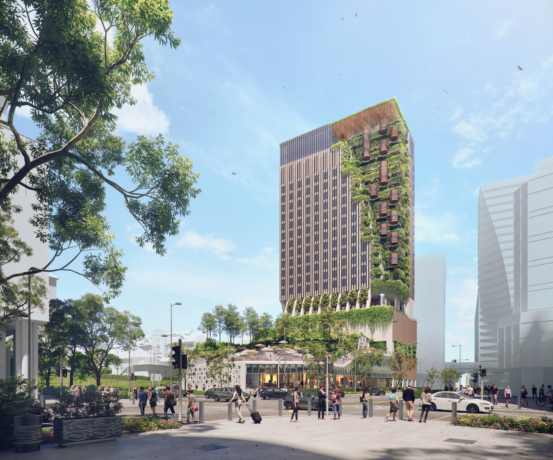Tagesansicht des NoMad Singapore von der Kreuzung der Cairnhill Road aus gesehen mit Eingangspavillon und Passanten