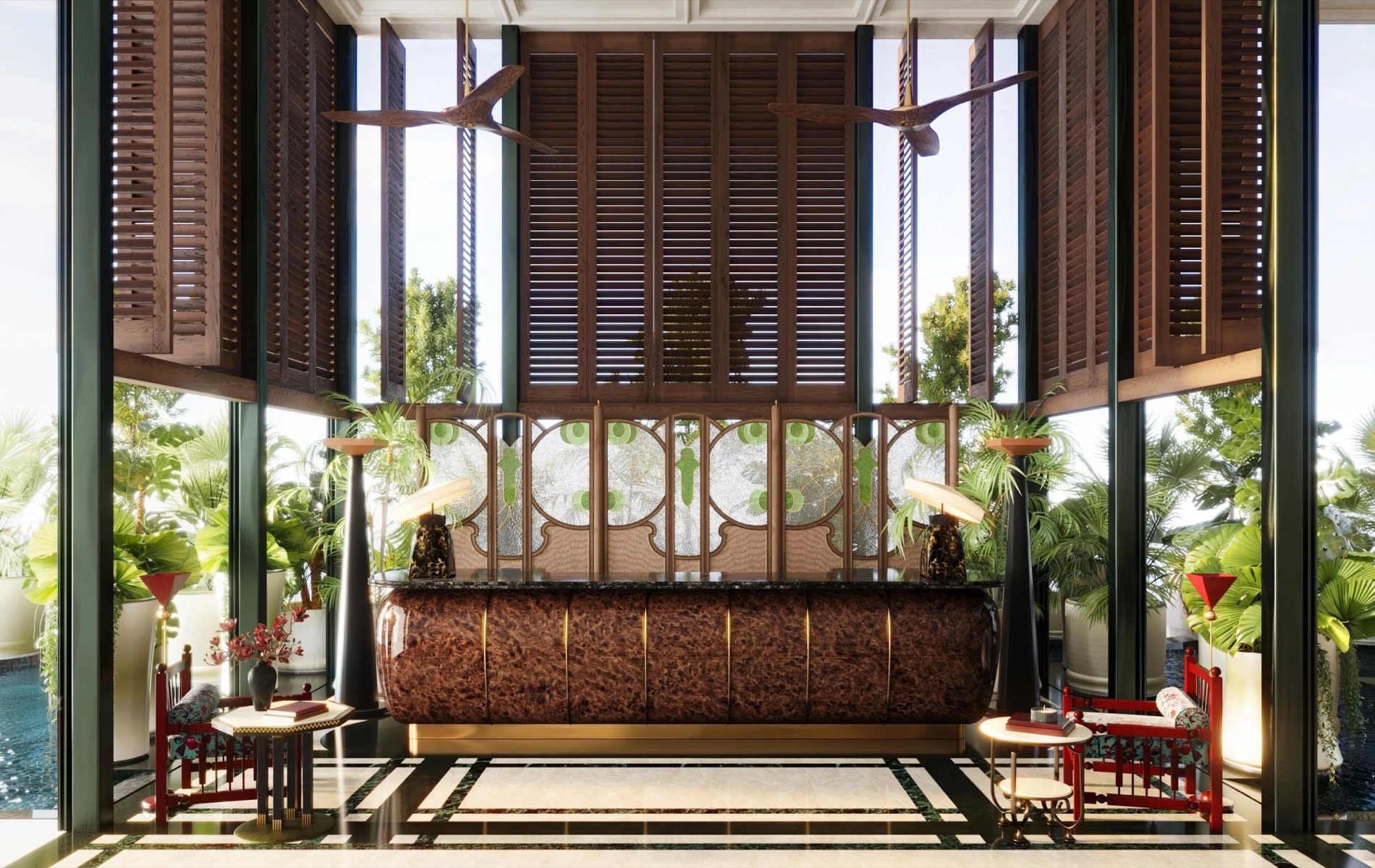Ansicht der oeffentlichen Rezeption des NoMad Singapore im fuenften Stock mit Holzlamellenpavillon und Vegetation