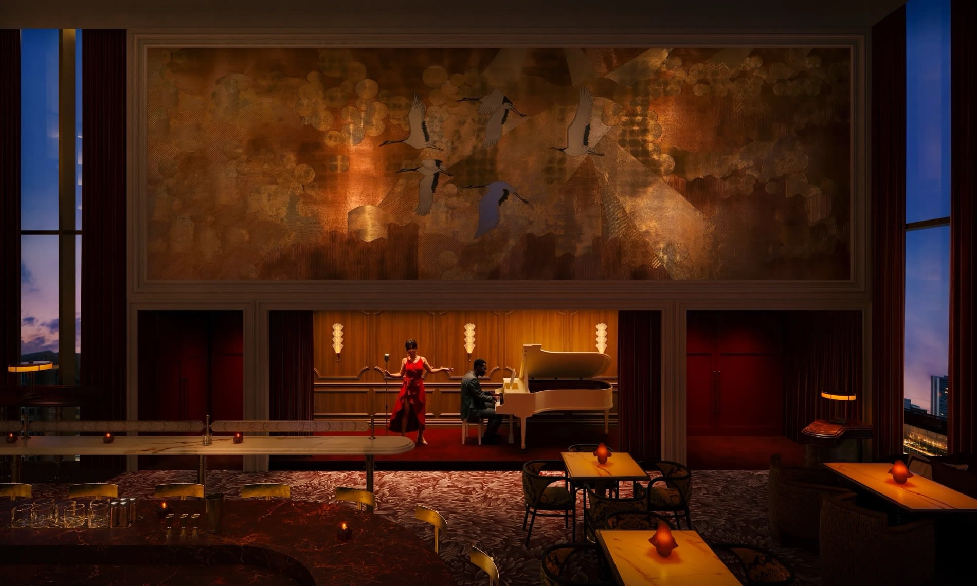 Ansicht des Tropicana Club im NoMad Singapore mit dunklem Raum, grossem Wandgemalde und Fenstern zur Stadt