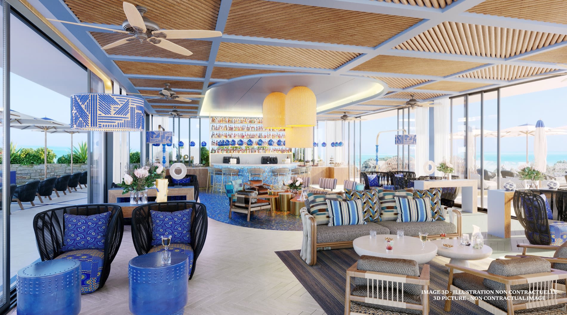 Lounge-Bar des Bereichs Ilanga Exclusive Collection im Club Med South Africa Beach & Safari, blaue Sessel und Fenster zum Meer
