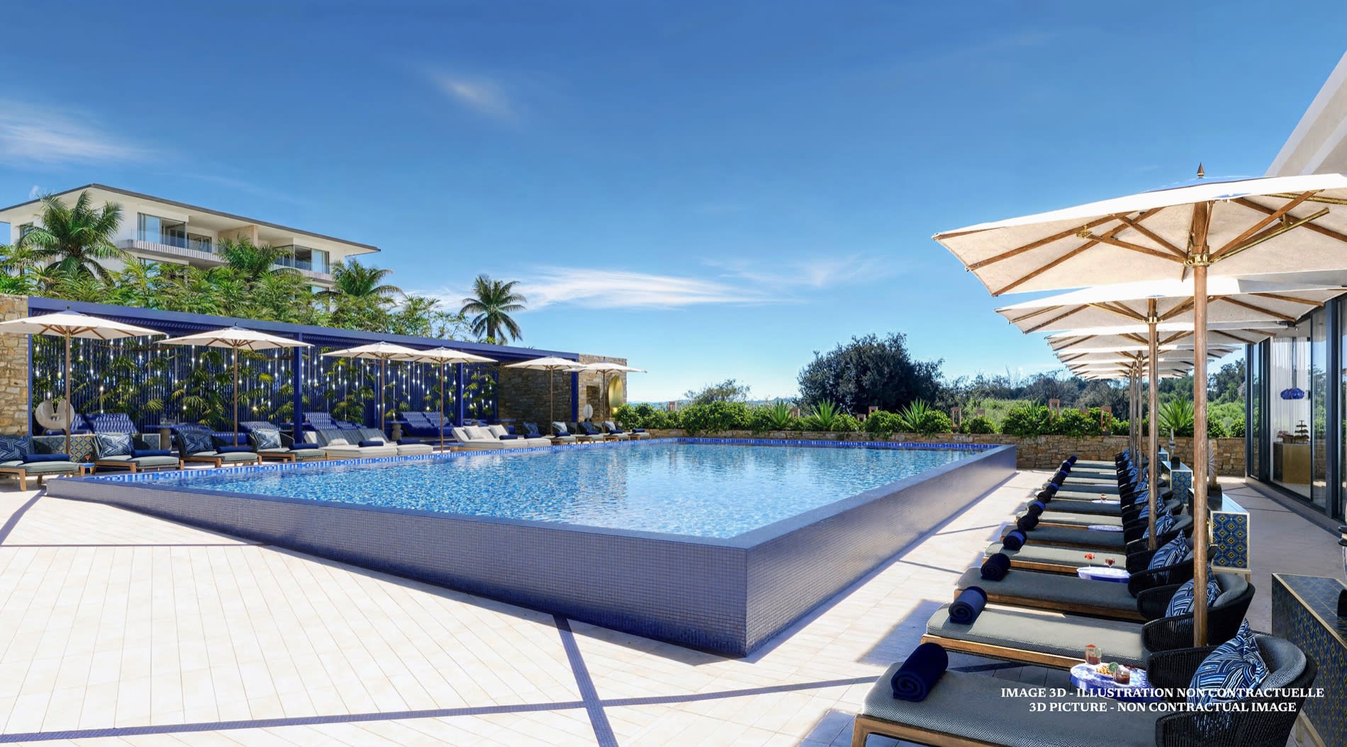 Reservierter Pool des Bereichs Ilanga Exclusive Collection im Club Med South Africa Beach & Safari, Liegen und Sonnenschirme