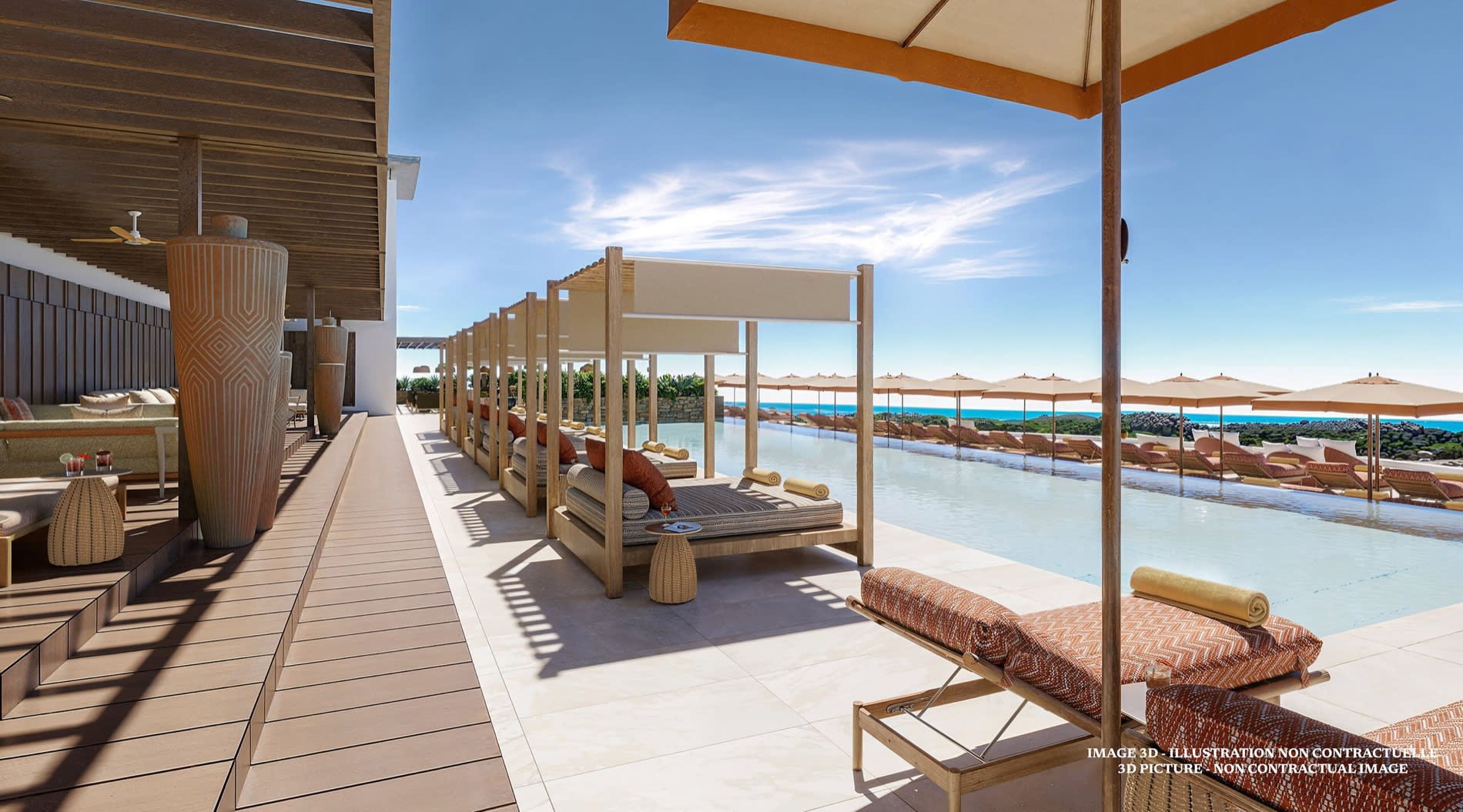 Zen-Pool des Club Med South Africa Beach & Safari, Holzhütten und Liegen