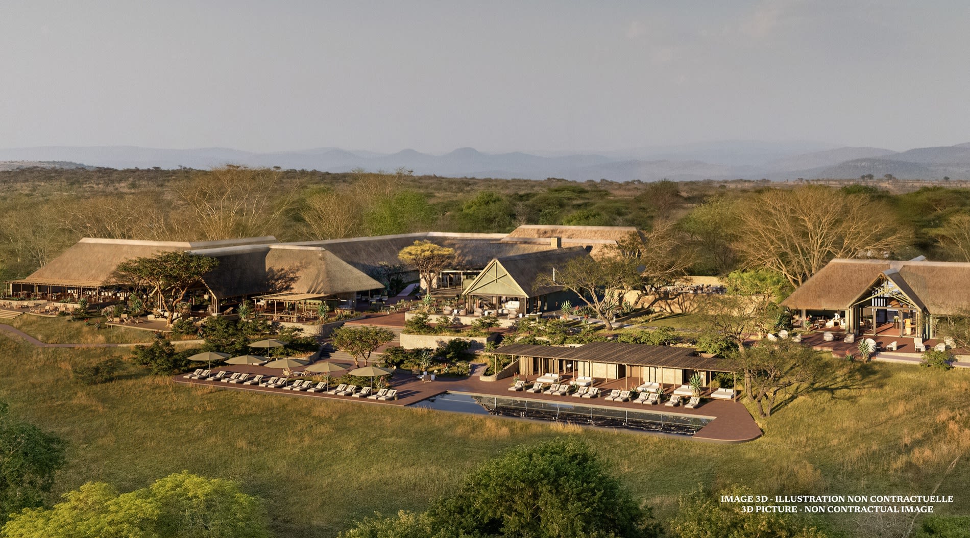 Luftaufnahme der Vikela Safari Lodge von Club Med, Reetdächer und Pool mitten in der Savanne