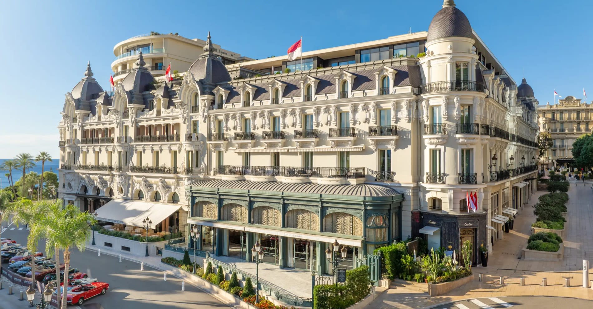 The Belle Époque facade of the Hôtel de Paris Monte-Carlo on Casino Square, in Monaco, seen in daylight