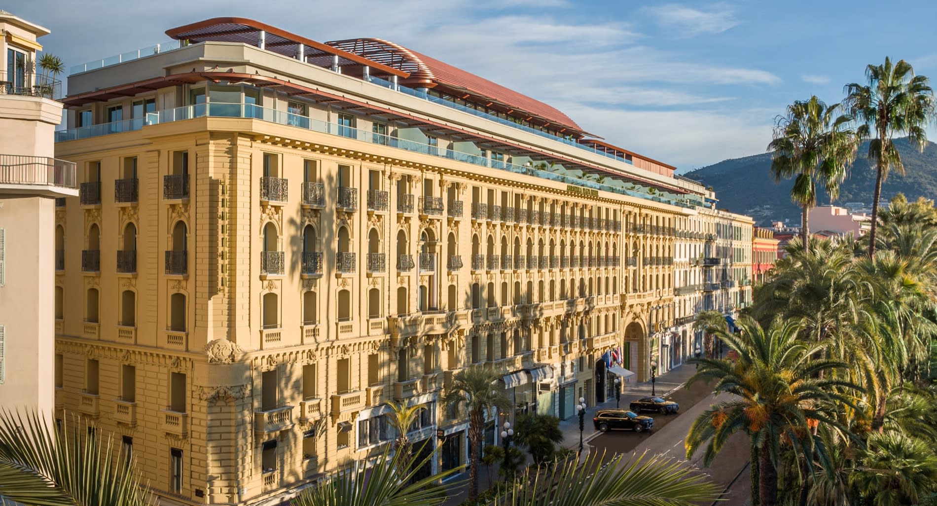 The Belle Époque facade and rooftop of the Anantara Plaza Nice Hotel, on avenue de Verdun in Nice