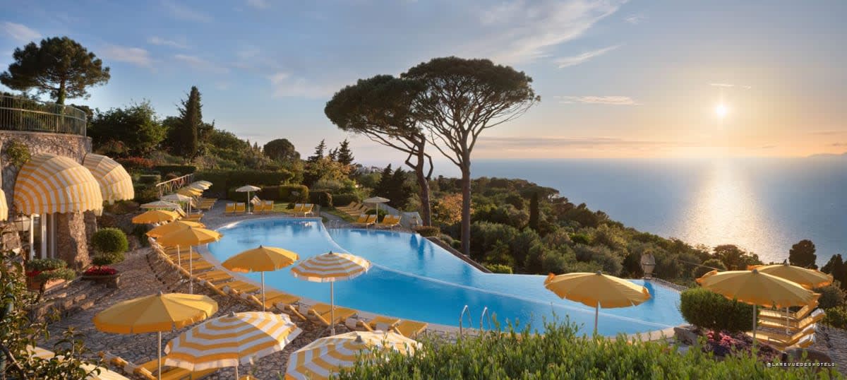 The pool at the Caesar Augustus in Capri, overlooking the Bay of Naples at sunset