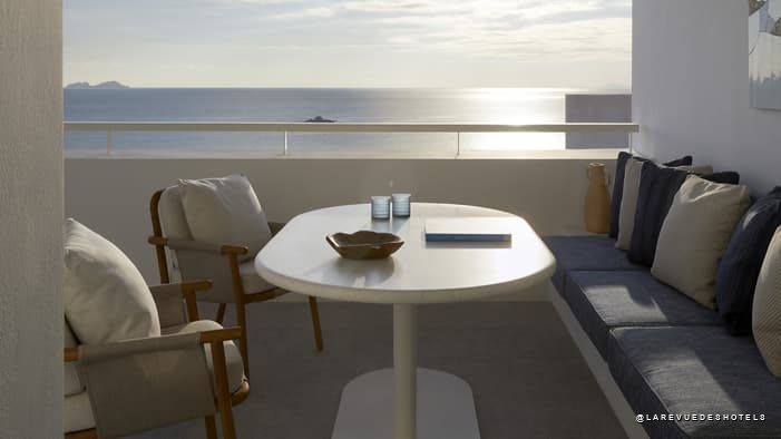 Private terrace at Four Seasons Mykonos at sunset