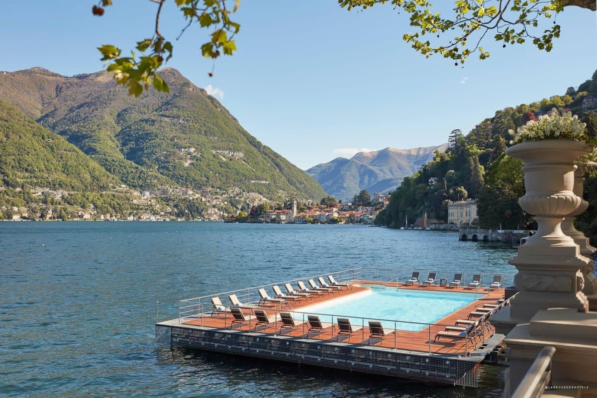 Floating pool at a luxury hotel on Lake Como, Italy