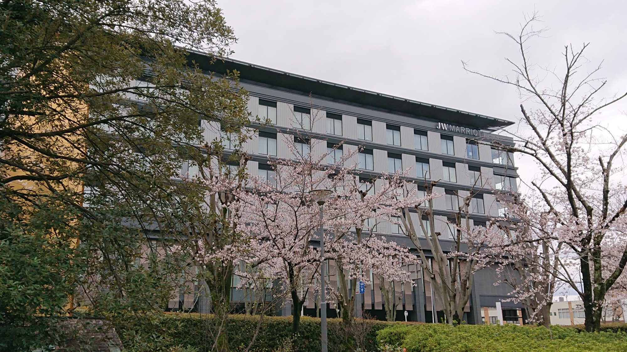 Le JW Marriott Nara au Japon, façade et cerisiers en fleurs