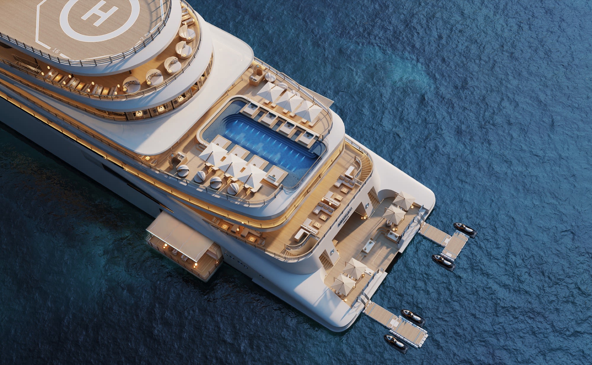 L'Amangati, yacht-hôtel du groupe Aman, vue aérienne du pont arrière