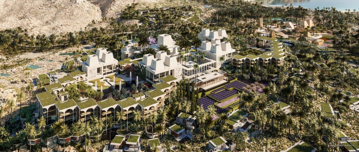 Vue aérienne du futur resort Clinique La Prairie AMAALA en Arabie saoudite