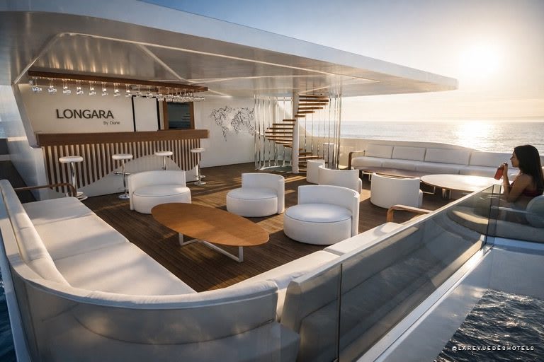 Le salon intérieur du yacht Longara de Dune, avec bar et vue mer