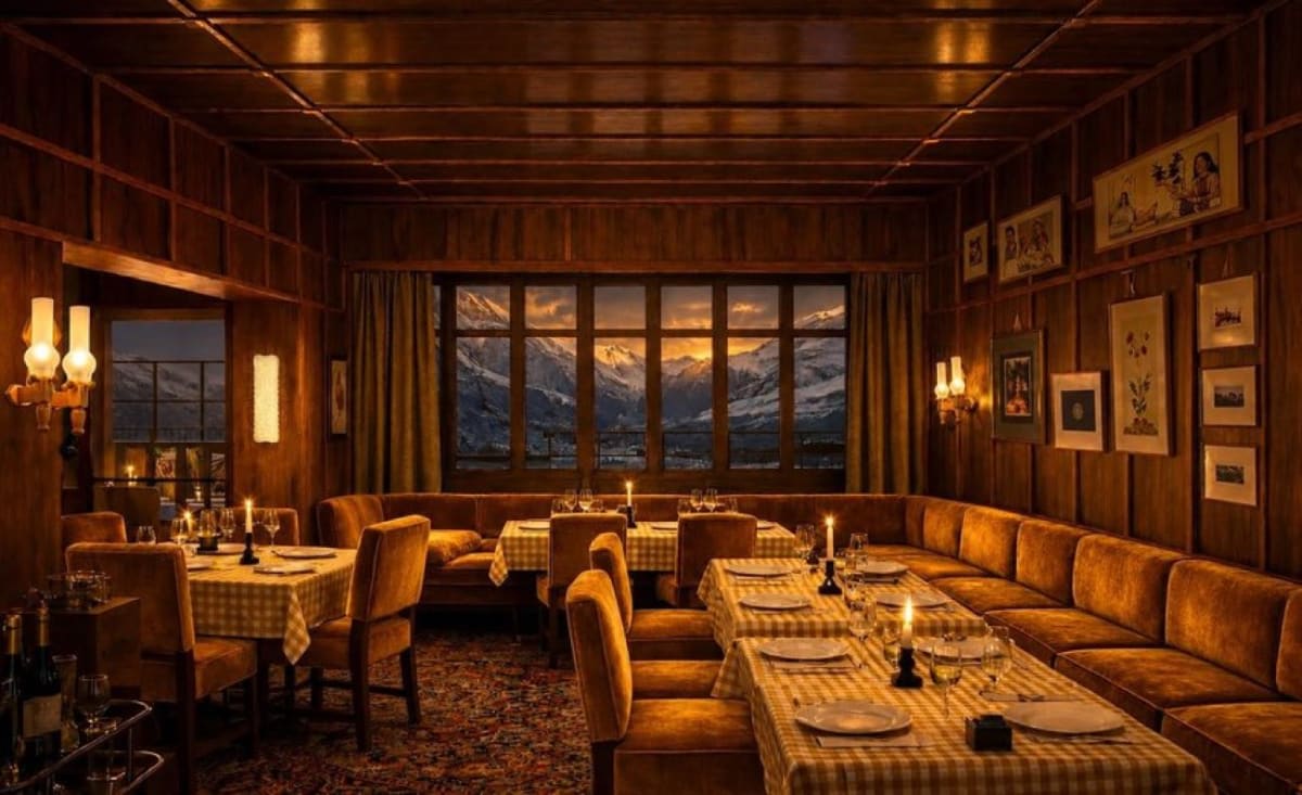 Cozy alpine restaurant with wooden walls, candlelit tables, and a window showing snow-capped mountains at sunset.