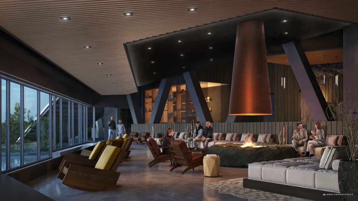 The Fireplace Lounge of The Cormorant at 55 South and its monumental fireplace