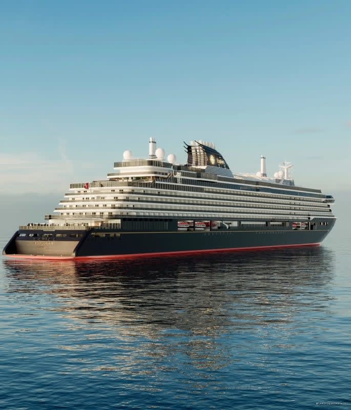 L'EXPLORA III d'Explora Journeys en mer au coucher du soleil, premier navire au GNL de la flotte