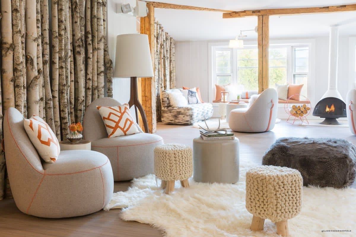 The lounge at Field Guide Lodge in Stowe, Vermont, featuring birch tree trunks