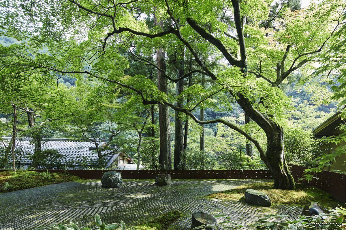 View of Hoshinoya Kyoto on the banks of the Oi River in Arashiyama