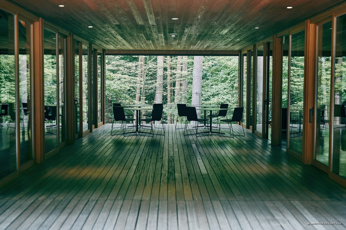 Cloud Terrace wooden terrace at Hoshinoya Fuji in the forest